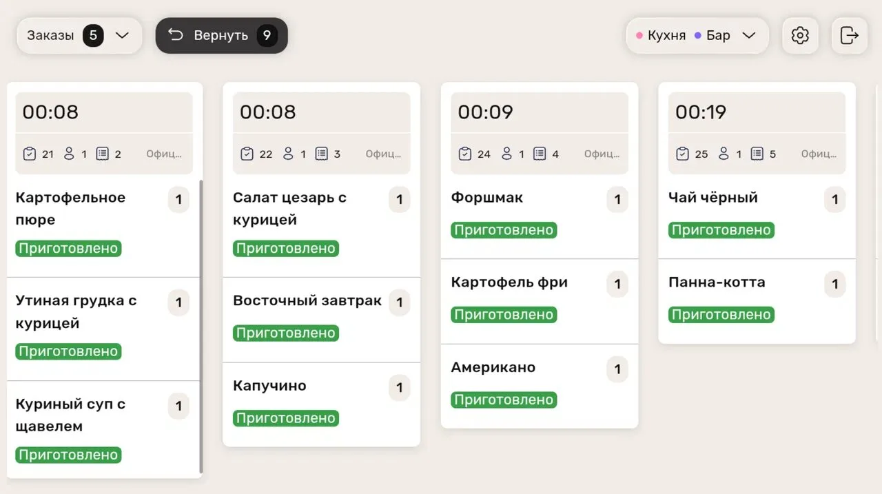 Экран «Вернуть» с приготовленными блюдами